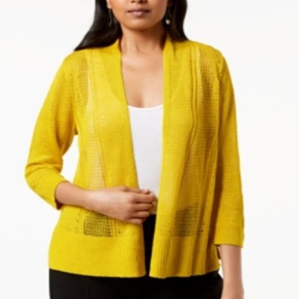 NWOT‎ Alfani Mixed-stitch Open-front Linen-blend Cardigan In Midsummer Gold P/L